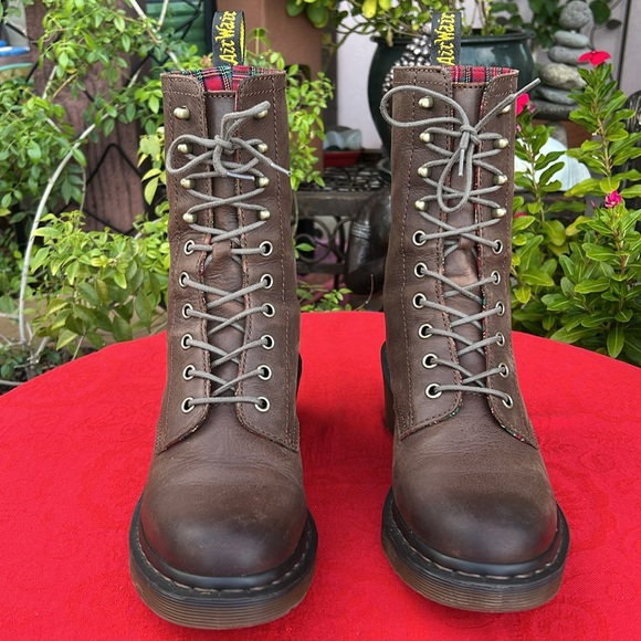 Dr. Martens Granny Style Plaid Lined Mid Calf Lace Up Heeled Brown Leather Boots - Picture 3 of 17